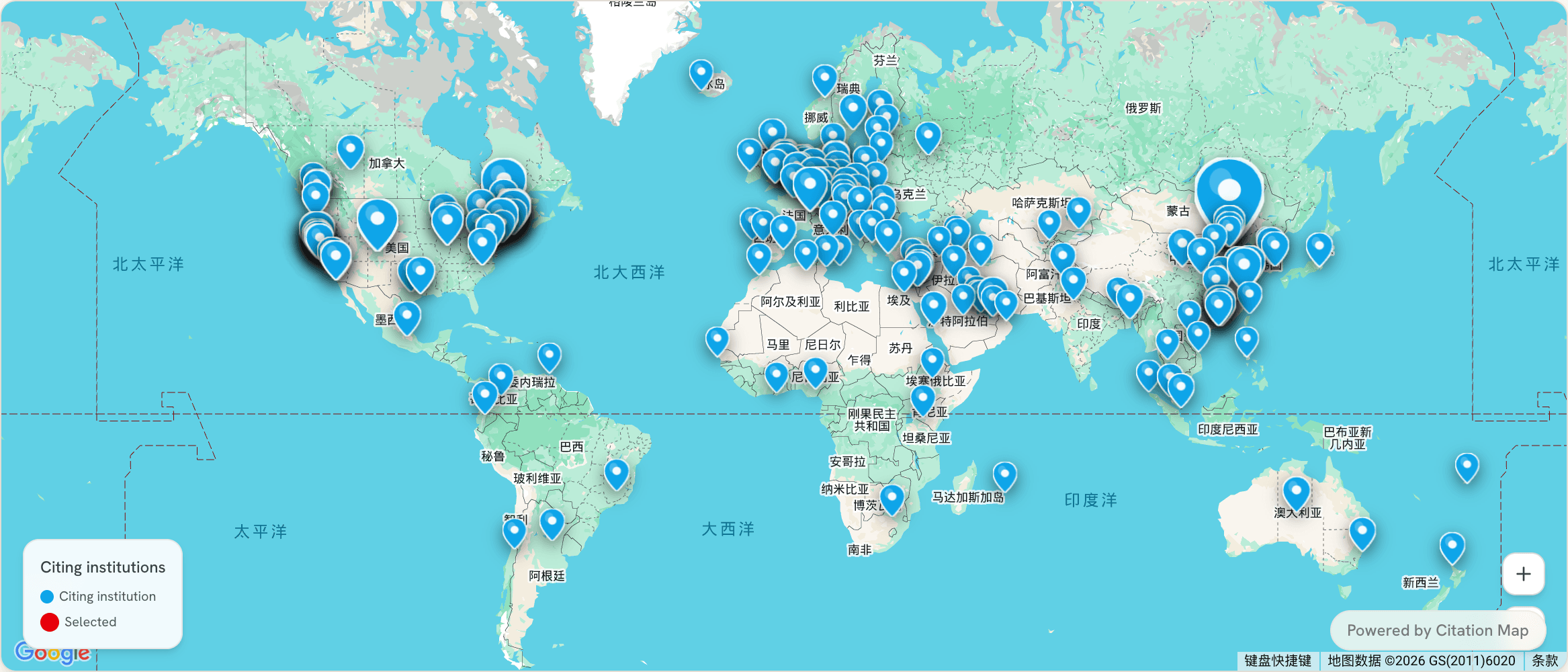 Geoffrey Hinton's Citation Map — top citing institutions worldwide